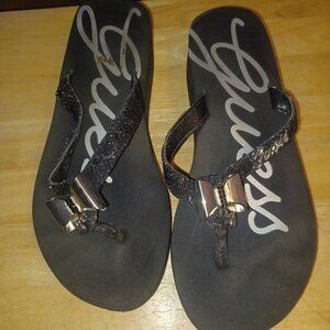 Vintage Guess Women's Black Embellished Wedge Flip Flops Size 8